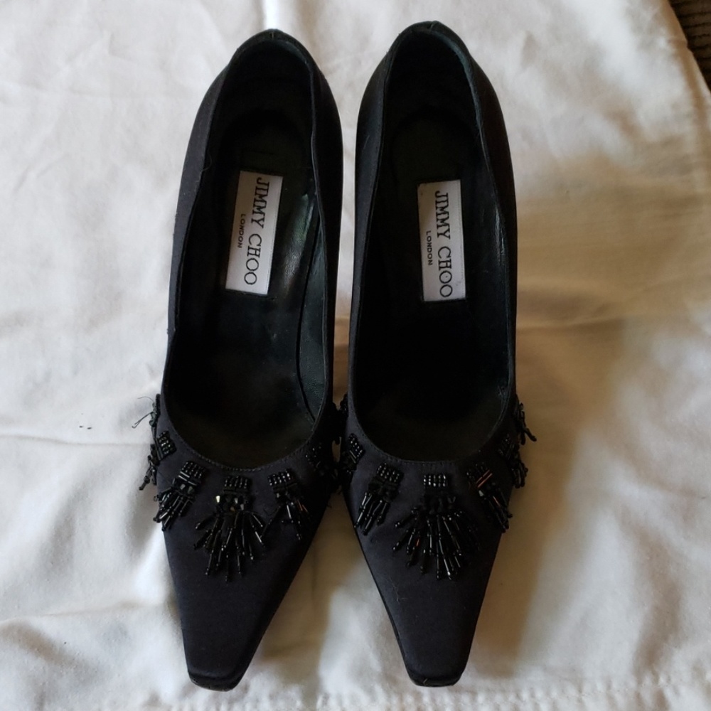 Jimmy Choo Black Satin with beaded fringe
